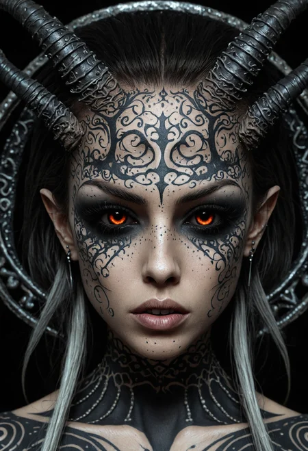 Horror-themed  famous artwork by (clive barker:1.3) and (carl critchlow:1.2), (dramatic scene:1.4), (fractal art:0.4), dynamic angle,
female [fox:orc <lora:WB2.2:1>:.2] looking Annoyed, Mouth turned down slightly, eyes narrowed, and a tense jaw. into the camera<lora:sigil:1>, sigil face tattoo <lora:add-detail-xl:3>   . Eerie, unsettling, dark, spooky, suspenseful, grim, highly detailed
