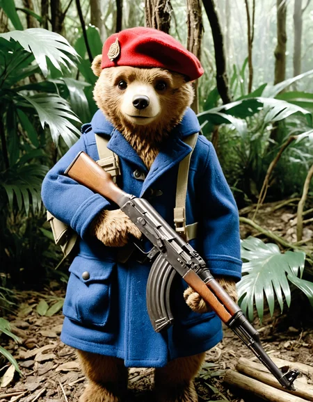 <lora:add-detail-xl:1> <lora:detailed_notrigger:1> cinematic photo, deep shadows,
 <lora:AK47_1:0.75> ak47r, photo of paddington bear, red beret, blue duffel coat, as a militia rebel, in a jungle drug lab, holding an ak47, analog photo