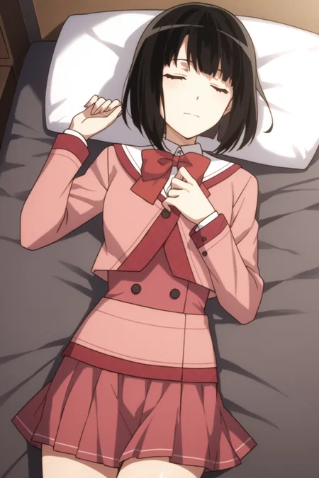 score_9, score_8_up, score_7_up, score_6_up, score_5_up, source_anime, rating_safe, indoors, 1girl, solo, medium breasts, looking at viewer, <lora:age_slider_v4:2>, yagami kagami, black hair, short hair, bob cut, red eyes, school uniform, pink uniform, white collar. pink bowtie, pink jacket, pink shirt, pink skirt, pleated skirt, black kneehighs, loafers, <lora:Kagami_Yagami:0.7>, sleeping, lying