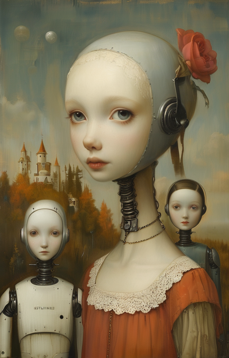 masterpiece,best quality,<lora:tbh278-sdxl:0.9>,illustration,style of  Stephen Mackey, portrait of Housework robots