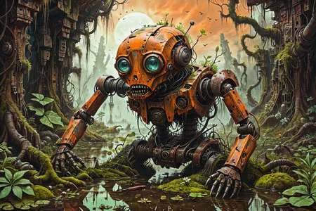 a vivid scifi illustration of fantastical surreal broken rusted and overgrown war robot drowned in a swamp, destroyed weapons, machinery, moss, leaves, trees, jungle, dark-orange sky,
<lora:Dystopia:0.25> <lora:The_Crazy_Style:0.3>
<lora:linquivera:0.7> linquivera
<lora:illusionix:1> illusion