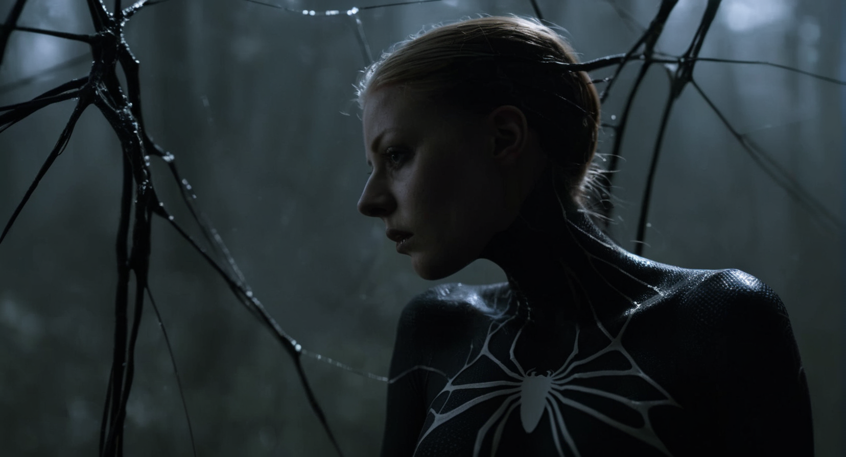 Dark Moody Atmosphere, <lora:Symbiote:1> Cinematic Film stock footage in (arri alexa style) Kodak film print,
a woman with a spider web on her body symbiote style, dramatic, mysterious, dark moody atmosphere
