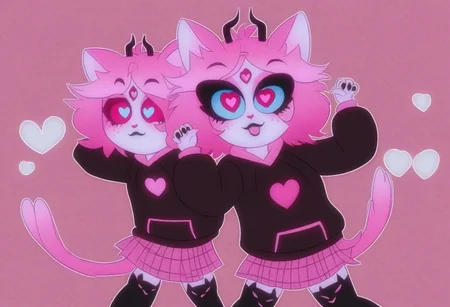 heart floating, heart-shaped pupils, aroused, heart eyes, cupid arrow, Valentine's day themed, emberlynn pinkle hellcat, black eyeliner, black lipstick, pink hair, black nails, black lips, freckles, eyeshadow, petite, short hair, black hoodie, pink hood, hood down, pink skirt, pleated skirt, plaid skirt, miniskirt, over-kneehighs, black socks, animal ear legwear, cat ear legwear, eyelashes