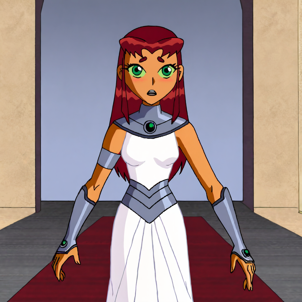<lora:starfireteentitans_pony_v1:.8>StarfireTeenTitansWedding, 1girl, white dress, long hair, green eyes, red hair, armlet, dark skin, dark-skinned female, armor, vambraces, orange skin, gorget, bracer, cowboy shot