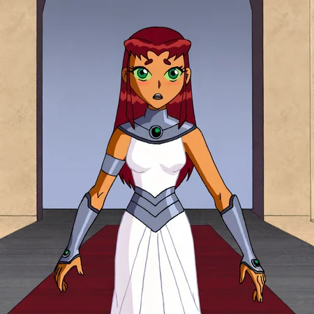<lora:starfireteentitans_pony_v1:.8>StarfireTeenTitansWedding, 1girl, white dress, long hair, green eyes, red hair, armlet, dark skin, dark-skinned female, armor, vambraces, orange skin, gorget, bracer, cowboy shot