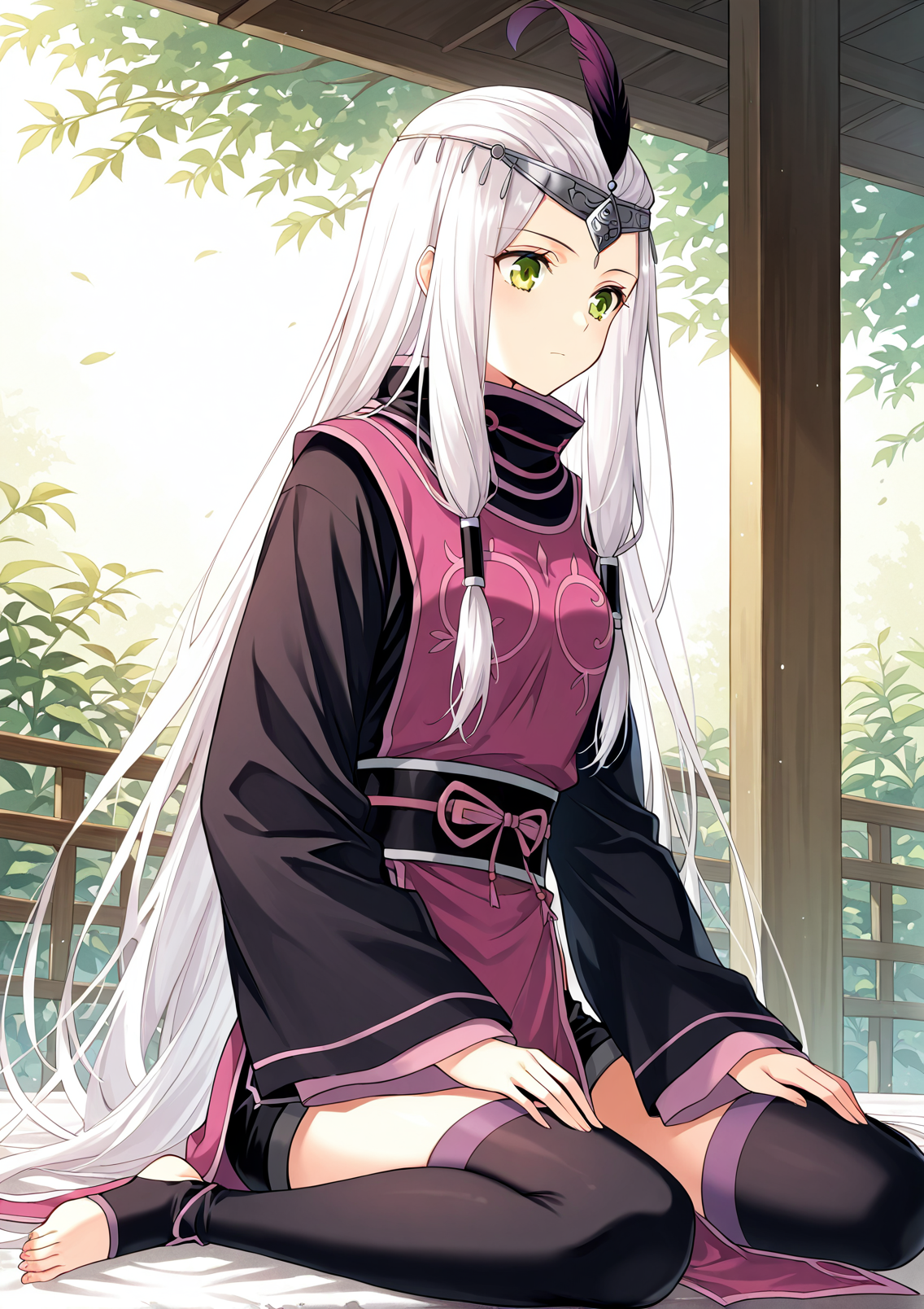 <lora:Xiao_Yi_Xian__Battle_Through_the_Heavens__Illustrious-000010:1>
1 girl, solo, green eyes, hair tubes, sidelocks, very long hair,
chinese clothes, robe, long sleeves, wide sleeves, circlet, thighhighs, toeless legwear, forehead protector, feathers, sleeves past fingers, black shorts, barefoot, white hair
score_9, score_8_up, score_7_up, masterpiece, best quality, absurdres, perfect anatomy, 1girl, solo, wariza, sitting, hands on own knees, garden background