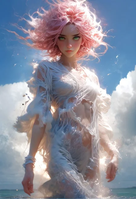 score_9, score_8_up, score_7_up, Floating above the clouds, it depicts a charming girl with water elements, spinning and dancing in the air. She has a pair of sharp green eyes and flowing blue-pink hair, which seems to be blown by the breeze, exuding an ethereal beauty. Wearing a white sheer dress that highlights every move she makes, the photo was shot from a vibrant Dutch angle, adding an element of drama. This visually striking painting perfectly captures the essence of elegance and power, making it a truly stunning work of art. Cinematic footage, 8K.<lora:Expressive_H-000001:0.8>, expressiveH <lora:Fant5yP0ny:0.9> <lora:Pony_DetailV1.0:0.9> <lora:PonyAirElementals:0.8>