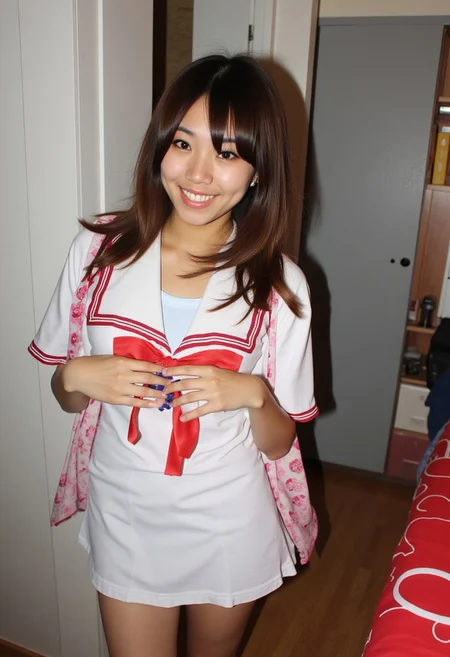 Amateur photo of a beautiful young Asian American sorority woman MaryLee. hourglass body shape. Laughing and flirting and having fun at a college dorm she's wearing Japanese school uniform cosplay. Posing for a photo.