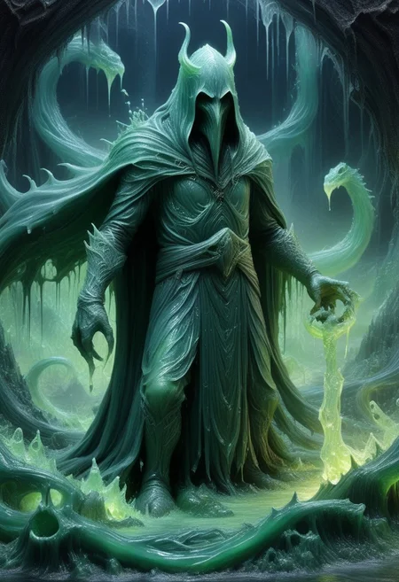 Nazgul, lord of the rings, fantasy, grumpy, covered with ooze, slimy, extremely detailed, hyperrealistic, detailed background, slime-morph