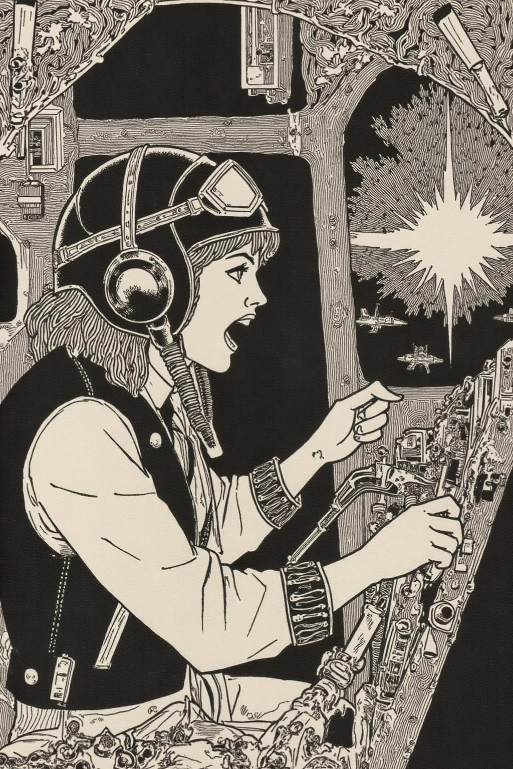 aubreybeardsley1 illustration.
A female pilot screaming inside the cockpit of a World War II bomber. The pilot, wearing a vintage leather flight helmet with goggles and a bomber jacket, grips the controls with white-knuckled hands. Her face is contorted in a mix of fear and determination as she yells, her eyes wide with adrenaline. The cockpit is cramped and filled with old-fashioned dials and gauges, with the outside view showing dark stormy clouds and distant anti-aircraft fire <lora:aubreybeardsley3_cap_d6a3e12:1.0><lora:844801014931560577:0>