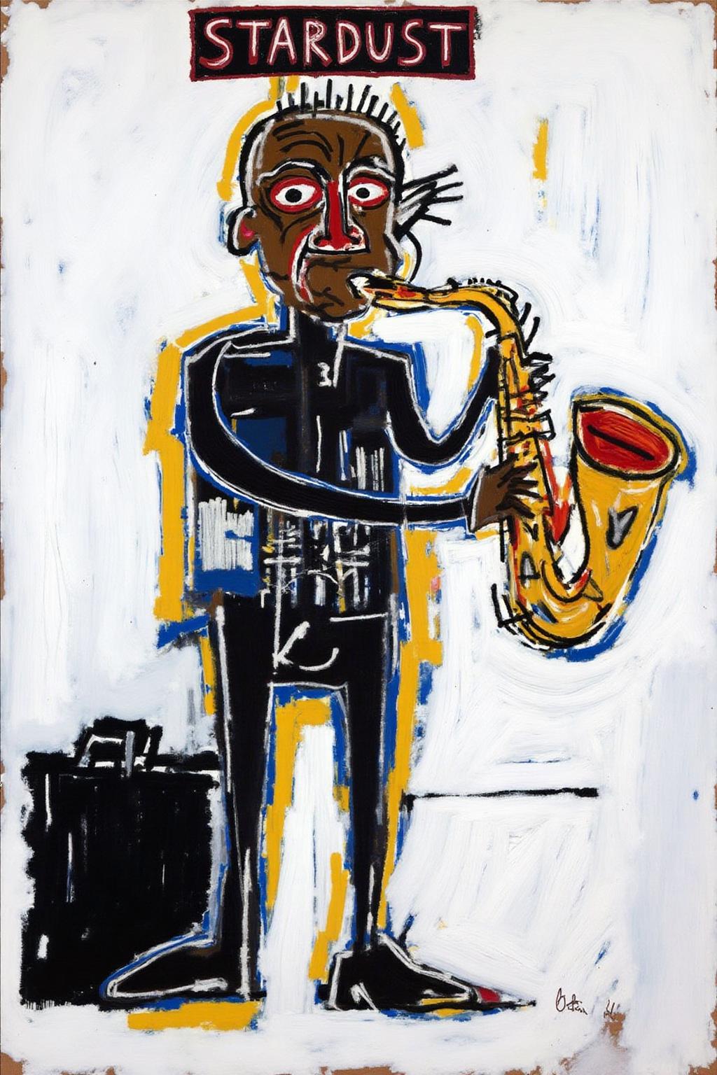 basquiat1 painting
A saxophonist with exaggerated features, standing against a predominantly white background with splashes of black, blue, and yellow. There is a label at the top that says "STARDUST"
 <lora:basquiat1_cap_d6a3e11:1.0><lora:835161222828609780:0>