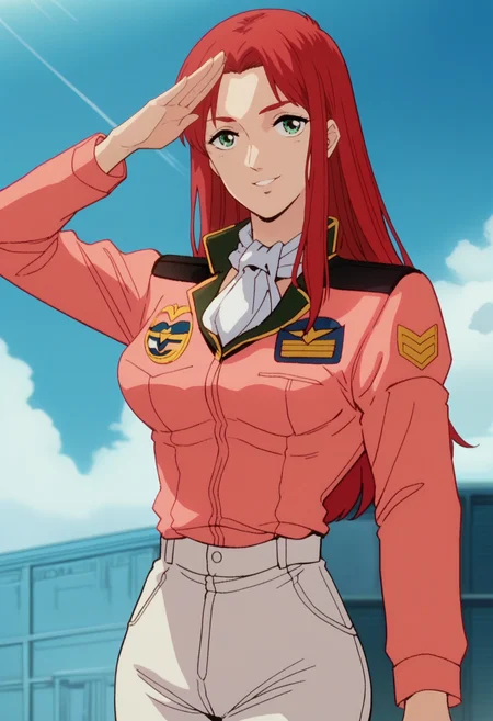 score_9, score_8_up, score_7_up, score_6_up, anime screencap, anime coloring, <lora:G0080CM_epoch_10:0.9>, G0080CM, red hair, green eyes, long hair, breasts, 
military uniform, pink jacket, white ascot, white pants,
light smile, looking at viewer, salute, 
BREAK outdoors, blue sky, sky, day, sunbeam,