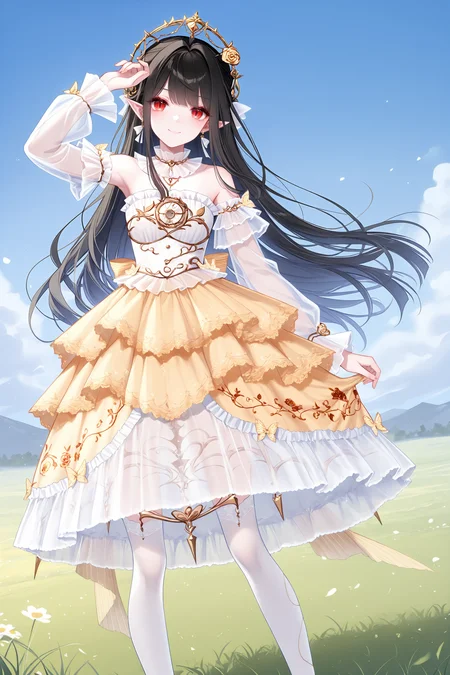 masterpiece,best quality,newest,absurdres,highres,soft shadows,year2024,mutou kurihito,[kimishima ao],[[[bison cangshu]]],[[[[[sheya]]]]],
1girl,<lora:AlengerXLNAI:1>,ailan,(messy hair:1.4),black hair,pointy ears,red eyes,long hair,slit pupils,smile,twintails,
<lora:wishfulaurosa2XLNAI:1.2>,wishful aurosa,dress,yellow dress,earrings,see-through sleeves,detached sleeves,strapless dress,dress flower,white thighhighs,print thighhighs,frilled dress,see-through dress,
outdoors:1.2,grasslands,dress tug,legs apart,arm up,arm at side,