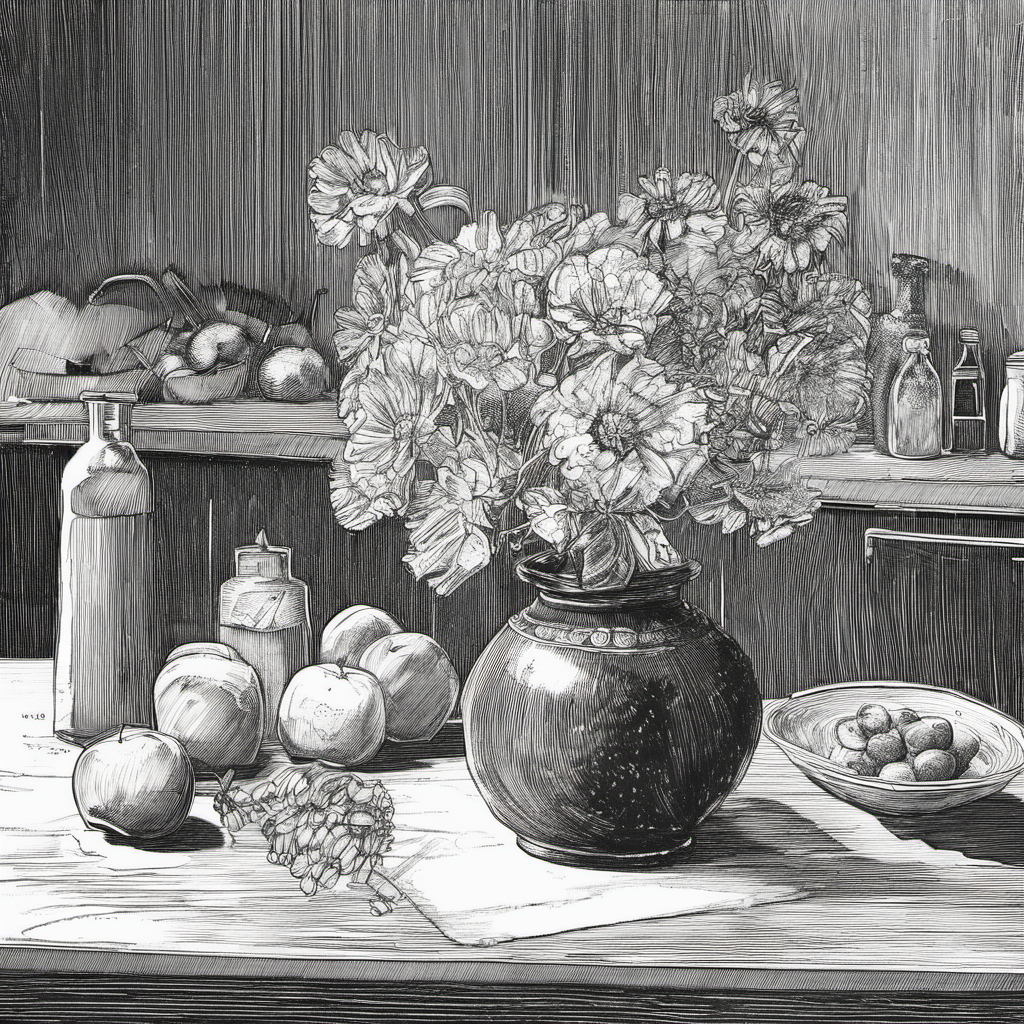 <lora:franklinbooth_xl-000006:1>a ink drawing in the style of franklinbooth, vase with flowers beside some fruit on a kitchen table, in a small flat