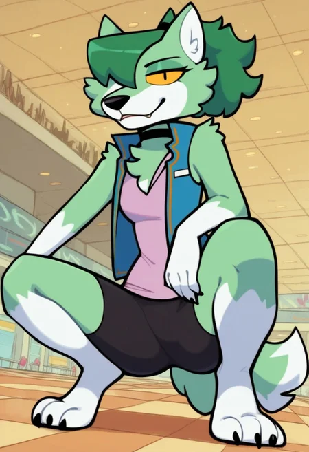 nance_arcade, 1girl, female furry, anthro, canide, wolf, light green and white fur, animal ears, dark green hair (ponytail, hair over one eye), black eyes (yellow sclera), tufty chest, white paws, claws, green tufty tail with white fur on tip, black chocker, pink sleeveless shirt, blue toptie vest, black short pants, barefoot, score_9_up, score_8_up, score_7_up, BREAK, 1girl, solo, from below, head tilt, horny, crouching, ninja pose, spreading legs, looking at viewer, ultra detailed, detailed background, mall background, masterpiece, best quality, 8k, Expressiveh,