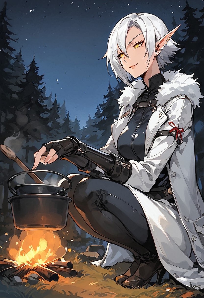 score_9, score_8_up, score_7_up, high detailed, high quality, source_anime, concept art, Expressiveh, easynegative, watercolor \(medium\), traditional media, kdmstyle,
...
1girl, solo, mature, curvy body, medium breast, blood_elf, 
pointed ears, multiple piercings, pale skin, gold eyes,
white hair, short hair, hair between eyes, Arlecchino hair style,
beauty face, slight smile,
...
black bodysuit, black pants, (white coat), white fur trim, leather gauntlets, (fingerless gloves), 
sitting, cooking pot, night sky, forest, looking at pot, campfire,
...
from side, full body, dutch angle,
forest, fog, campsite, campfire,