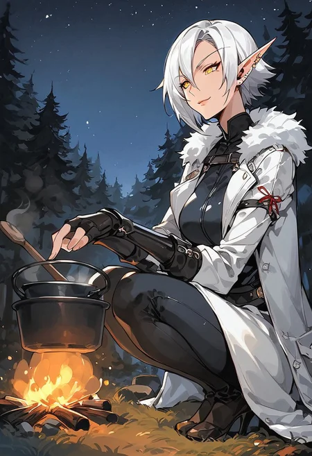 score_9, score_8_up, score_7_up, high detailed, high quality, source_anime, concept art, Expressiveh, easynegative, watercolor \(medium\), traditional media, kdmstyle,
...
1girl, solo, mature, curvy body, medium breast, blood_elf, 
pointed ears, multiple piercings, pale skin, gold eyes,
white hair, short hair, hair between eyes, Arlecchino hair style,
beauty face, slight smile,
...
black bodysuit, black pants, (white coat), white fur trim, leather gauntlets, (fingerless gloves), 
sitting, cooking pot, night sky, forest, looking at pot, campfire,
...
from side, full body, dutch angle,
forest, fog, campsite, campfire,