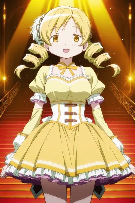 anime screencap, anime coloring, detailed face, masterpiece, best quality, very aesthetic, absurdres, volumetric lighting, official style, amazing quality, ultra detailed, highres, amazing quality, scenery, beautiful detailed hair, beautiful detailed eyes,
<lora:StS-Illustrious-Detail-Slider-v1.0:4>
 <lora:Mami_Tomoe_Puella_Magi_Madoka_Magica:.8>
on an idol stage,
tomoe mami, mahou shoujo madoka magica, 1girl, solo, drill hair, twin drills, blonde hair, yellow eyes, breasts, :D
 <lora:idol-outfit-il-20:1>, japanese-idol-outfit, idol outfit, idol, yellow dress, frilled dress