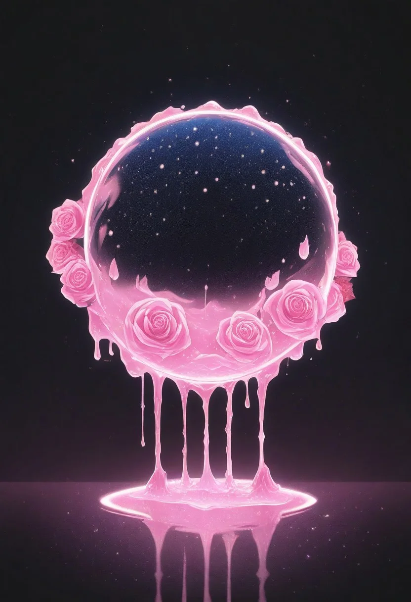 (masterpiece), best quality, Anime, Illustration, (Floating Sphere, Crystal, Magic, Reflection, Melting, Dripping, Pink Rose), Black Background, No Humans, Starry Theme, (Light Refraction), White and Pink Theme, Natural Lighting