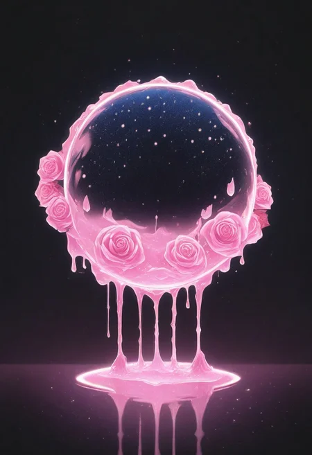 (masterpiece), best quality, Anime, Illustration, (Floating Sphere, Crystal, Magic, Reflection, Melting, Dripping, Pink Rose), Black Background, No Humans, Starry Theme, (Light Refraction), White and Pink Theme, Natural Lighting