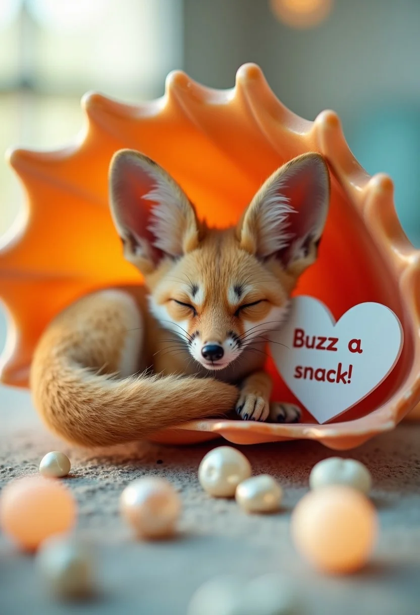 A hyperrealistic rendering of a tiny, sleeping fennec fox curled up inside a giant, brightly colored seashell. The fox's large ears are folded neatly against its head, and its sandy fur is meticulously detailed. The seashell is oversized and iridescent, catching the light with a rainbow of colors. Tiny, polished pearls are scattered around the shell. A heart-shaped sign rests against the shell, reading "Buzz a snack!". Soft, warm lighting enhances the sense of comfort and cuteness. Ultra-high definition, close-up perspective, and maximum adorableness. aidmaHyperrealism
