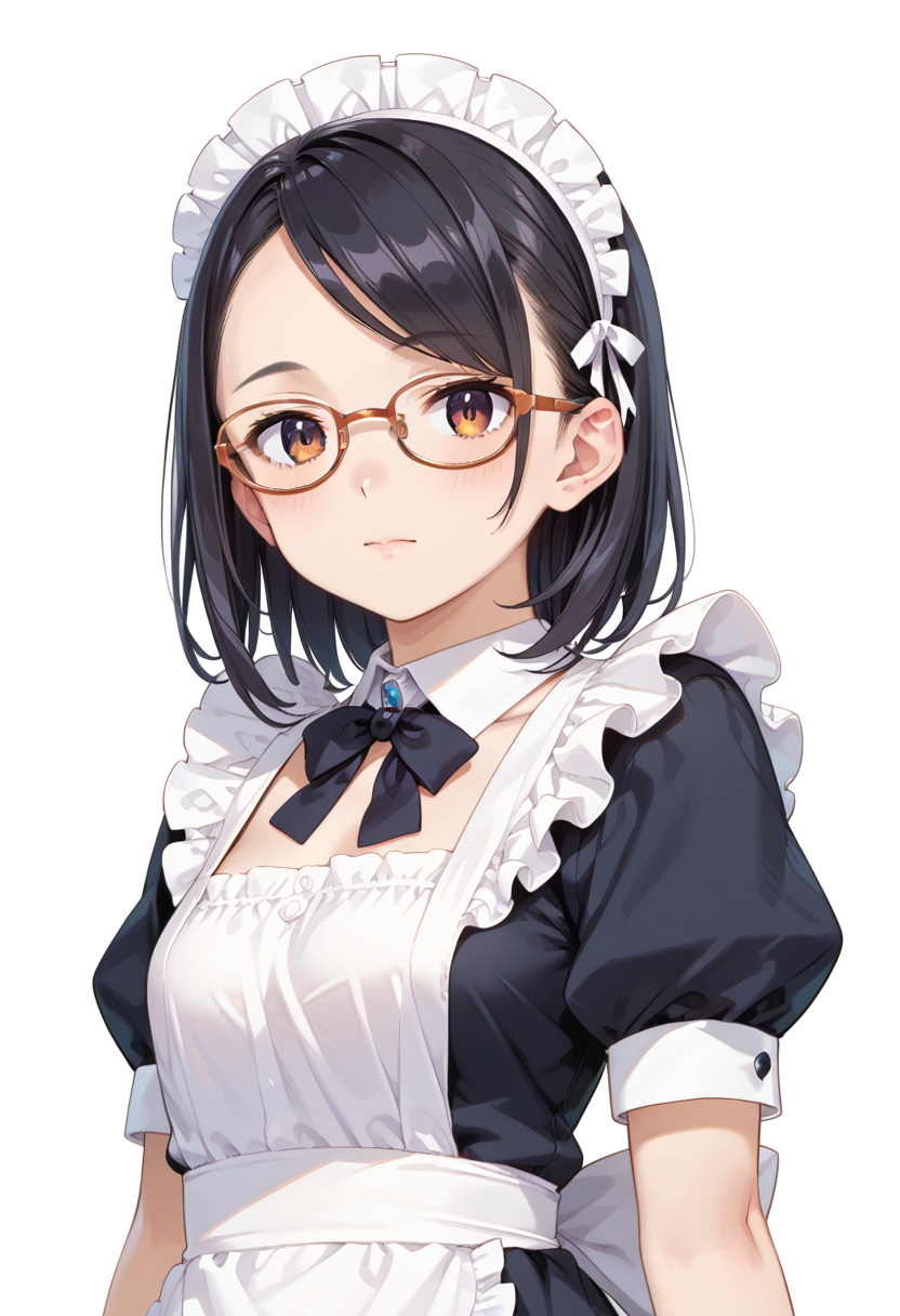 score_9, score_8_up, score_7_up, rating_safe, masterpiece, best quality, absurdres, unity 8k wallpaper, official art, official style, source_anime, uncensored, game cg, megami magazine,
1girl, solo, black hair, medium hair, upper body, covered eyes,maid, maid headdress, black dress, maid apron, face focus,
oval_metal, glasses, still life, white background, simple background, orange-framed eyewear,
 <lora:glasses_OvalMetal2_PONY_V1:1>