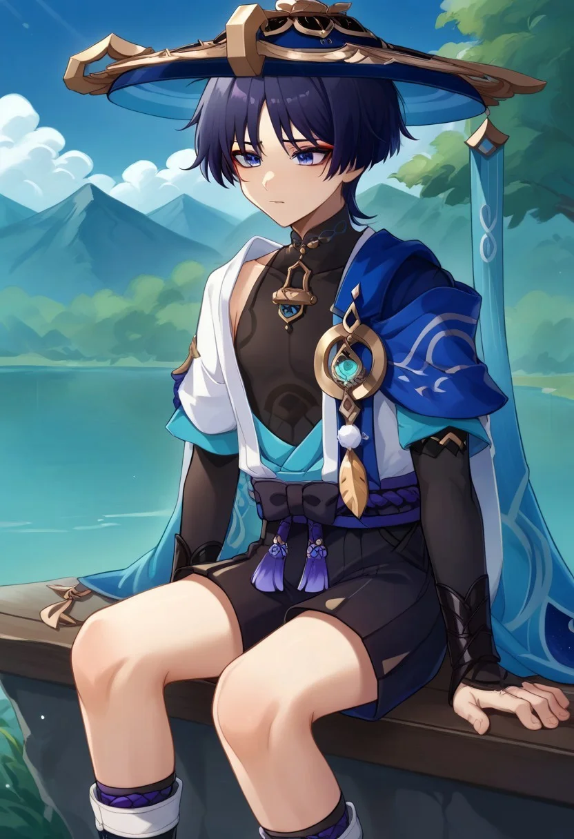 score_9, score_8_up, score_7_up, source_anime, highly detailed,
scaramou,1boy, male focus, solo, indigo hair, short hair, bangs, purple eyes, red eyeshadow,, japanese clothes, hat, blue headwear, jingasa, kurokote, mandarin collar, shirt, black shirt, sleeveless, vest, blue vest, open vest, cape, blue cape, elbow gloves, black gloves, fingerless gloves, kote, belt, purple belt, tassel, shorts, black shorts, gaiters, white gaiters, sandals, vision (genshin impact),
outdoor, lake, mountains, sitting, sad,