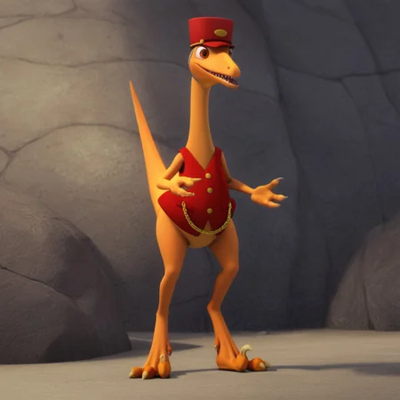score_9, score_8_up, score_7_up, score_6_up, score_5_up, score_4_up, source_furry, dtmrconductorv2, semi-anthro, male, Troodon, orange skin, brown eyes, dinosaur, red vest, gold buttons, gold chain, red hat, chinstrap, standing, outside,