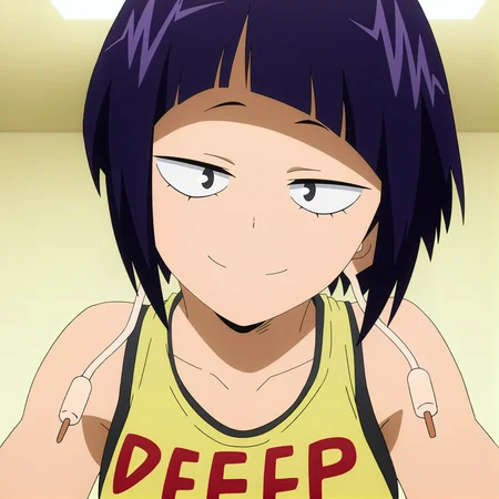 sharp focus, pixiv masterpiece, source_anime, best quality, high res, absurd res, anime_screencap, BREAK
<lora:Kyoka_Jiro_MHA_IL_v49:1> , kyokajiro, 1girl, solo, purple_hair, short_hair, black_eyes, bangs, earlobes, earphone_plugs, (yellow_top:1.2), looking at viewer, faint smile, text_on_top, red_text_on_clothing