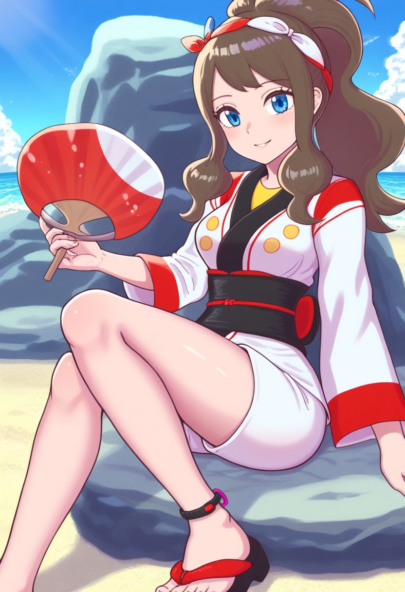 hinosaki, [leveen], (1girl), solo, sitting, on_rock, on_beach, day, sunshine, smile, sumhilda, hilda_\(pokemon\), long_hair, brown_hair, sidelocks, high_ponytail, hairband, hair_ribbon, hair_ornament, blue_eyes, japanese_clothes, white_kimono, sash, long_sleeves, white_shorts, anklet, sandals, toes, official_alternate_costume, hand_fan, masterpiece,amazing quality, very aesthetic, high resolution ,ultra-detailed, absurdres, newest