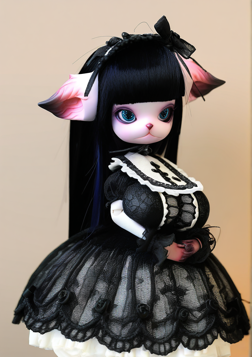 <lora:DOLL_ZONE_furry:1>,1girl, huge breasts, Miss Kitty(ND), young girl, animal ears, Ears Down, long hair, black hair, blunt bangs, blue eyes, gothic DRESS, gothic,