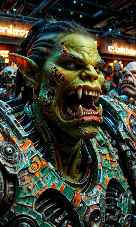 corroded  
orc An intergalactic bounty hunter confronts their target in a seedy, neon-lit space bar. The bar is filled with a diverse crowd of alien species, each more bizarre and colorful than the last. The bounty hunter is a hulking figure with a heavily scarred face and glowing cybernetic implants, while the target is a sleek, serpentine creature with multiple eyes and sharp fangs. The tension is palpable, with the bar's patrons watching closely, ready for a fight to break out at any moment
perfect face, perfect lighting, intricate, incredible detail, masterpiece, professional photoshoot, score_9, score_8_up, score_7_up, BREAK
 <lora:corroded:1>