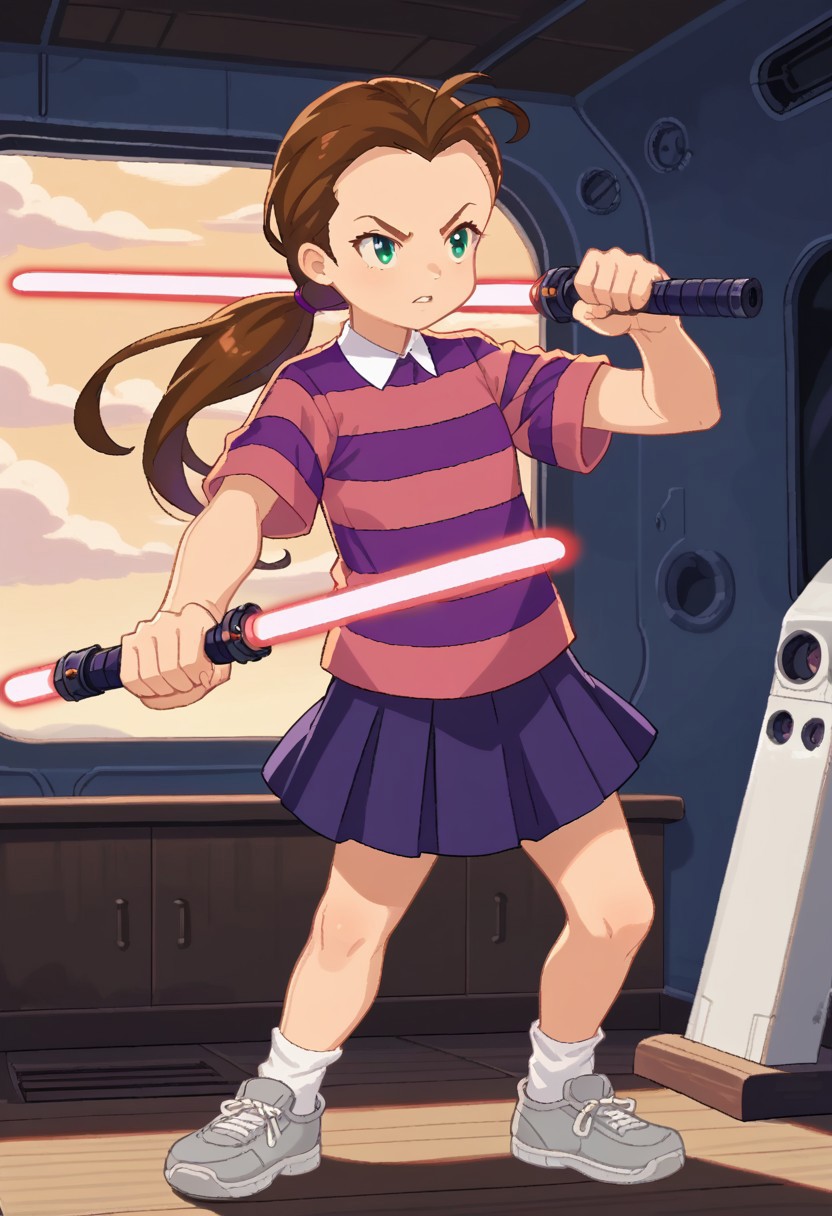score_8, score_8_up, score_7_up, source_anime, anime screenshot, 1girl, female focus, solo, Sal_MRM, brown hair, single bang, low ponytail, ponytail holder, green eyes, collared shirt, striped shirt, short sleeves, purple shirt, pink shirt, purple skirt, white socks, ankle socks, sneakers, grey footwear, full body, standing, fighting stance, holding sword, lightsaber, indoors, spacecraft interior, facing viewer,