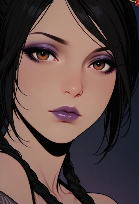 HDR, 8K, high contrast, masterpiece, best quality, amazing quality, very aesthetic, retro artstyle, realistic, promotional art, newest, volumetric lighting, (artist:incase:0.5), (artist:tsuaii:0.5), (flat colors:2), haiz_ai, no lineart, no outline,
1girl, close up portrait, eye focus, Lulu \(ff10\), 1girl, mature female, hair stick, black hair, single hair bun, multiple braids, eyeshadow, purple lips, looking at viewer
