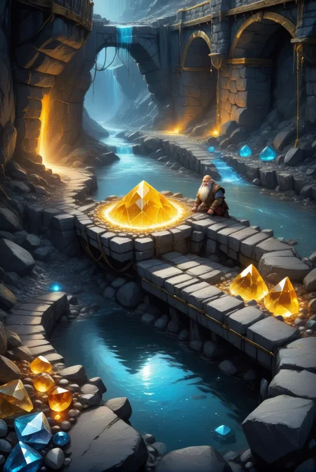 xl_kk, a dwarf mine, stone bridges, crystals, gold, cart, god rays, fantasy, arkenstone <lora:Saturated_Landscape_XL-KK:1>