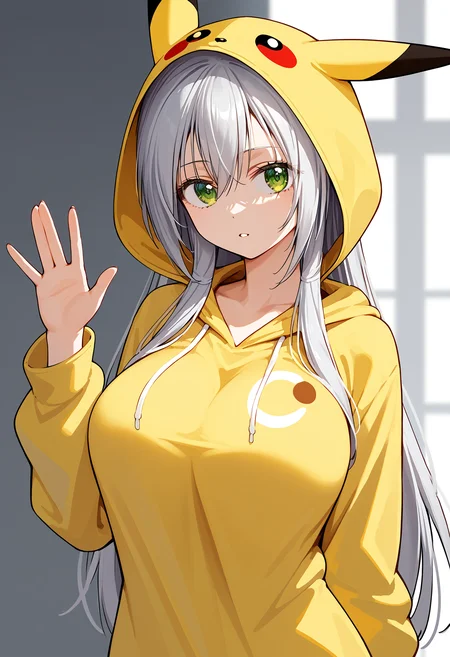 score_9, score_8_up, score_7_up,source_anime,rating_explicit,uncensored,anatomically correct,best perspective BREAK
1girl, solo, looking at viewer, parted lips, expressionless, waving hand, hand up,
<lora:Eclipse no Majo-Lize(ãªãº):0.8> lize\(eclipse no majo)\, grey hair, long hair, green eyes, large breasts,
<lora:pikachu-cosplay-ponyxl-lora-nochekaiser:1> pikachucosplay, pikachu \(pikachu\), character print, hood, hoodie, yellow hoodie,