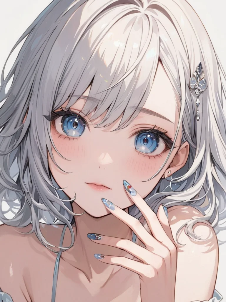masterpiece,ultra-detailed,best quality,8K,illustration,cute face,clean skin ,shiny hair,girl,ultra-detailed-eyes,simple background, <lora:add-detail-xl:1> <lora:nail art_XL_V1.0:0.6> nail art, fingernails