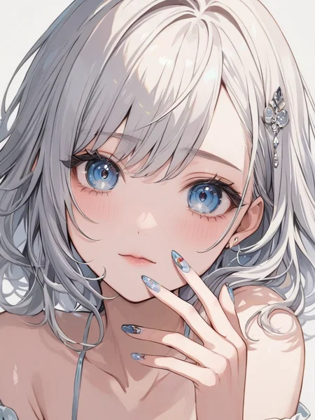 masterpiece,ultra-detailed,best quality,8K,illustration,cute face,clean skin ,shiny hair,girl,ultra-detailed-eyes,simple background, <lora:add-detail-xl:1>  <lora:nail art_XL_V1.0:0.6> nail art, fingernails