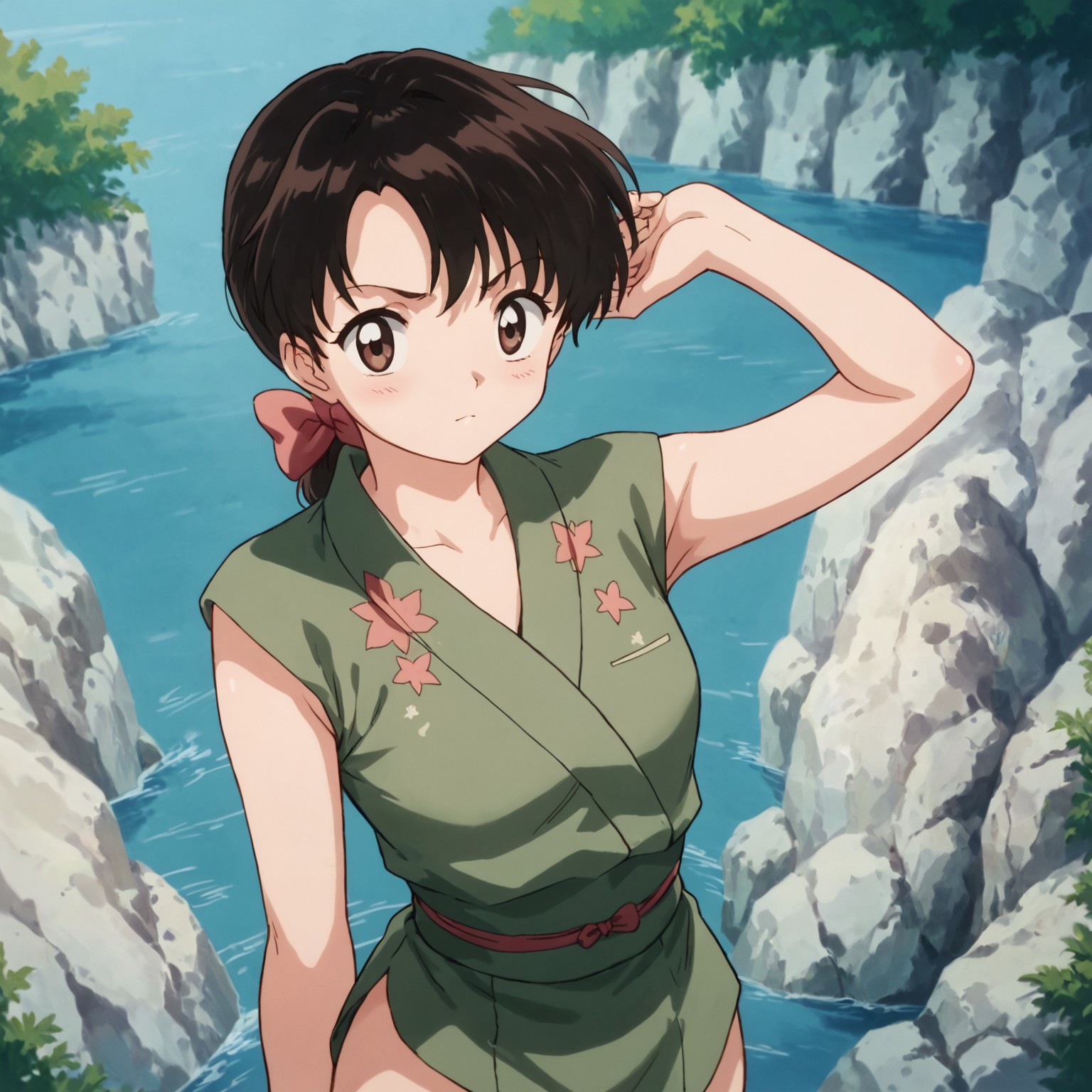 score_9, score_8_up, score_7_up, 1girl, outdoor,  
ponytail, hair bow, japanese clothes, black hair, brown hair, posing,