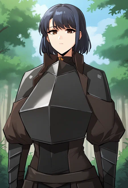 score_9, score_8_up, score_7_up, score_6_up, source_anime, rating_explicit, 1girl, solo, huge breasts, <lora:Nigel prefectPonyxl:0.85> black hair, brown eyes, short hair, blue hair, brown jacket, shoulder armor, black dress, black armor, breastplate, fingerless gloves, black gloves, gauntlets, expressionless, Narrow shoulders, forest, outdoors, looking at viewer