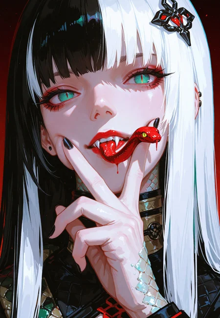 (juufuutei_raden:0.4), usnr, 748cmstyle, aestx, brushstroke \(medium\), masterpiece, best quality, good quality, very awa, very aesthetic, absurdres, newest, year 2024, realistic, 1girl, snake_girl, solo, snake, white hair, long straight hair, black hair_ornament, Lilith, emerald eyes, slit pupils, single blood tear, snake eyes, red lips, parted_lips, snake teeth, (snake tongue:1.1), iridescent snake skin, scales, cheek squash, v over mouth, ringed fingers, black nail polish, piercing, looking at viewer, head slightly tilt back, close up face portrait, illustration, surreal, gradient crimson background,