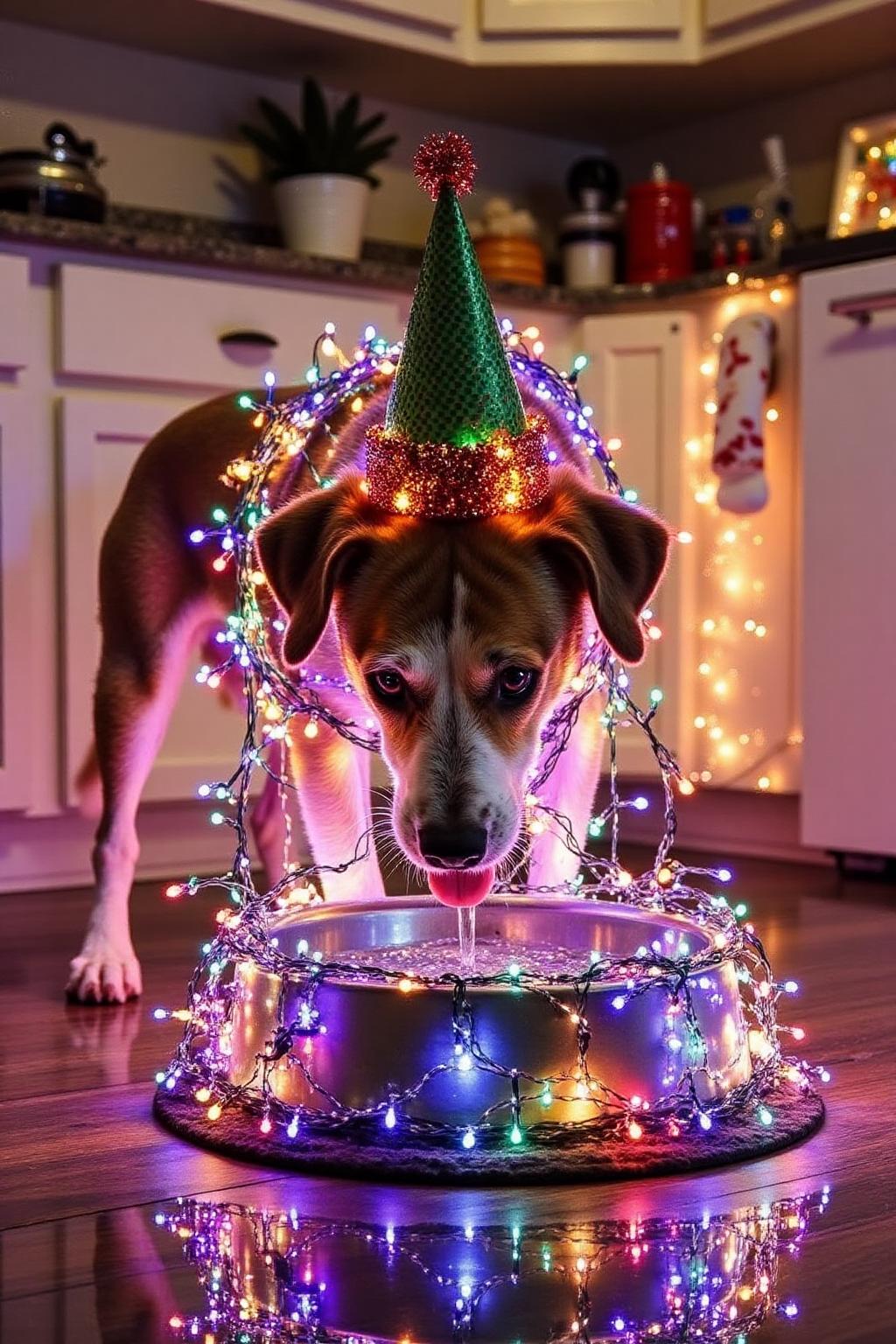 A dog wearing a party hat licking water off a food bowl in the kitchen.  The dog is wrapped in christmas lights. <lora:xmaslight3_nocap_d6a3:1.0><lora:808781649660663417:0>