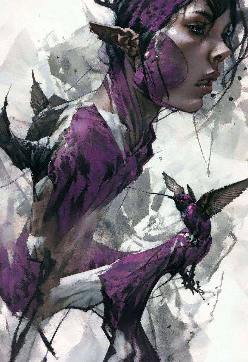 style inspiration Art by Jim Mahfood, Henry Asensio, Vector Create a tattoo with an exquisite ink design on white paper that makes the perfect multi-exposure piece of art. This piece was designed to combine the dimensional hue of purple hibiscus with the hyper-realistic style of a hummingbird. Tattoo, Minimal Solid Letterhead, Dark Fantasy, Poster, Photography, Painting. Vivid, Fashion, Wildlife Photography, Concept Art,