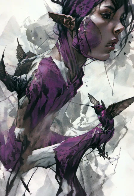style inspiration Art by Jim Mahfood, Henry Asensio, Vector Create a tattoo with an exquisite ink design on white paper that makes the perfect multi-exposure piece of art. This piece was designed to combine the dimensional hue of purple hibiscus with the hyper-realistic style of a hummingbird. Tattoo, Minimal Solid Letterhead, Dark Fantasy, Poster, Photography, Painting. Vivid, Fashion, Wildlife Photography, Concept Art,