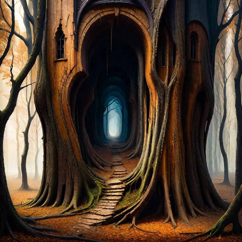 surrealism painting, 16k, (extreme detail:1.15), fine textures, ((dark shadows)), dark, sharp lines, ((decay flatwoods)), vivid colors. beautiful. revealing. masterpiece. cracked. Hungarian architecture, highly detailed, fine art, award winning, sharp, intricate details, realistic shaded lighting poster by Stephen Bliss, Eugene de Blaas, Frederic <lora:Wood-world_XL:1> in the style of wood-world_XL