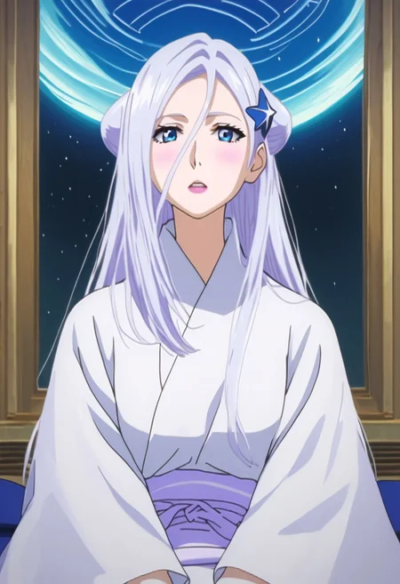 BREAK, (best quality), (ultra-detailed), (masterpiece), (perfect anatomy), a young woman with long white hair and blue eyes. She is sitting on a window sill with a full moon visible in the background. The woman is wearing a white robe with a blue star on the right side of her head. She has a thoughtful expression on her face and her hand is resting on her chin, as if she is deep in thought. The overall mood of the image is peaceful and serene