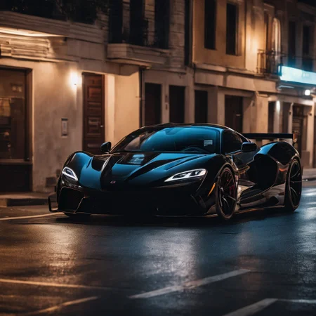 Very cool sport car on the street, front view, black, night, cinematic lighting, lighting focus on car, ultra detailed, best quality, amazing, masterpiece, taken with Canon EOS R5 camera, 8k