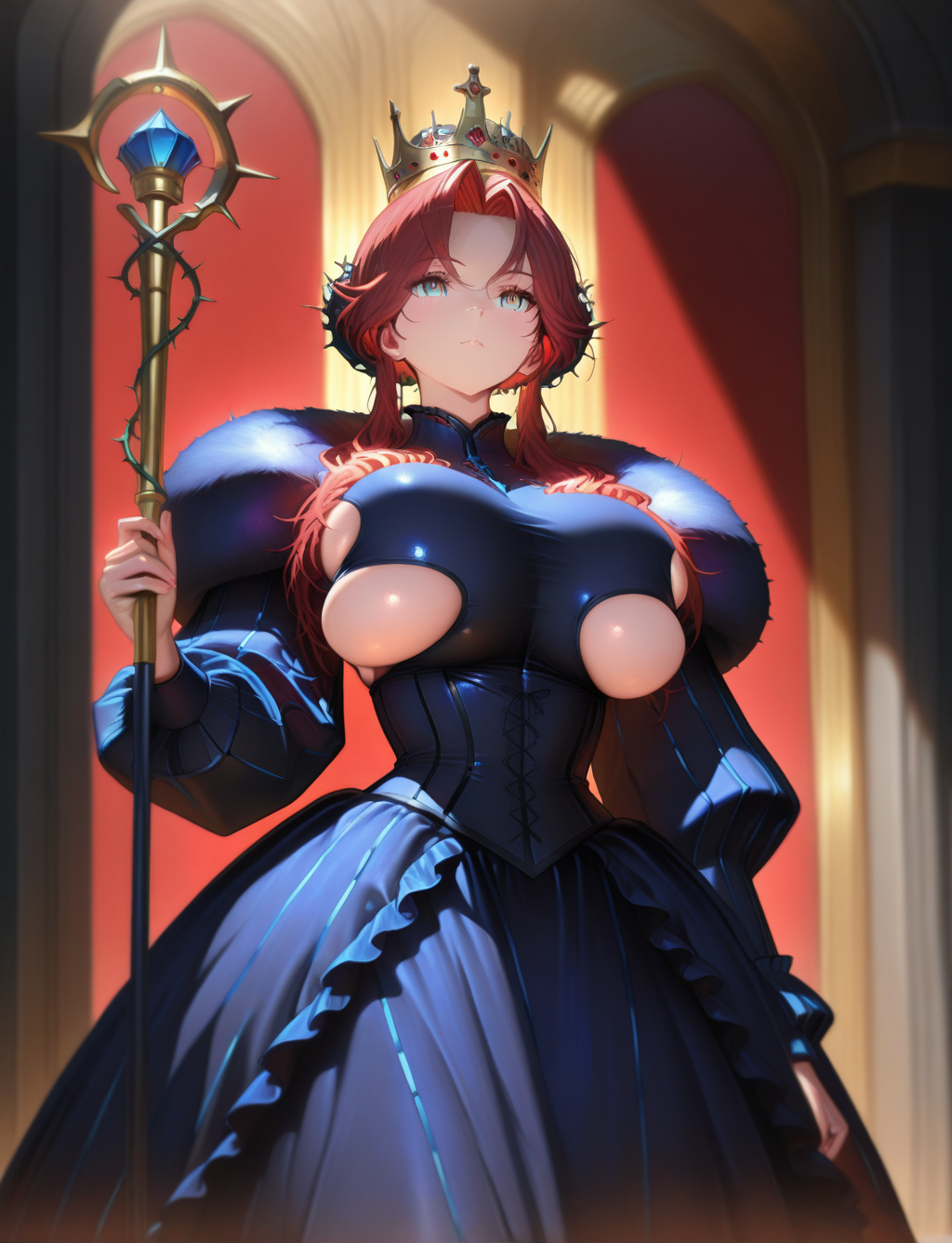 masterpiece,best quality,higres illustration,detailed face,1girl,<lora:boobcutout_IL:1>,boob cutout,upper body,parted bangs,red hair,frilled dress,queen,crown,thorns,holding staff,