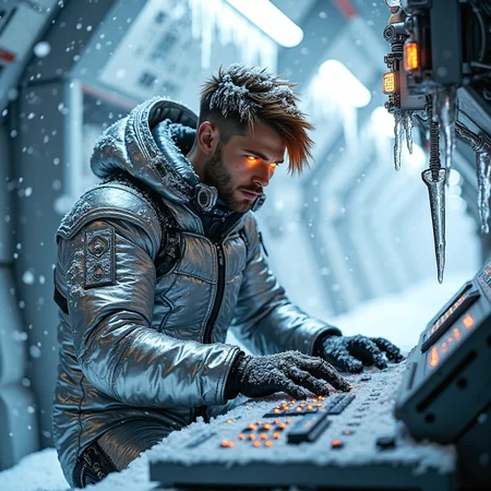 frostpunk style determined youngMoxie male (covered in snow, frost, and/or icicles), mature with dark chestnut fringe hair with shave sides, glowing_eyes, wearing a metallic silver heated bodysuit, cryogenic steel-toed boots, ice pick, set in a cryo-laboratory where a lone scientist, seemingly unaffected by the cold, works frantically at a console. ,, <lora:flux_trainer/frostPunk_v1.1>, <lora:scifi/moxiePunk_v3S.safetensors:1.0>,
