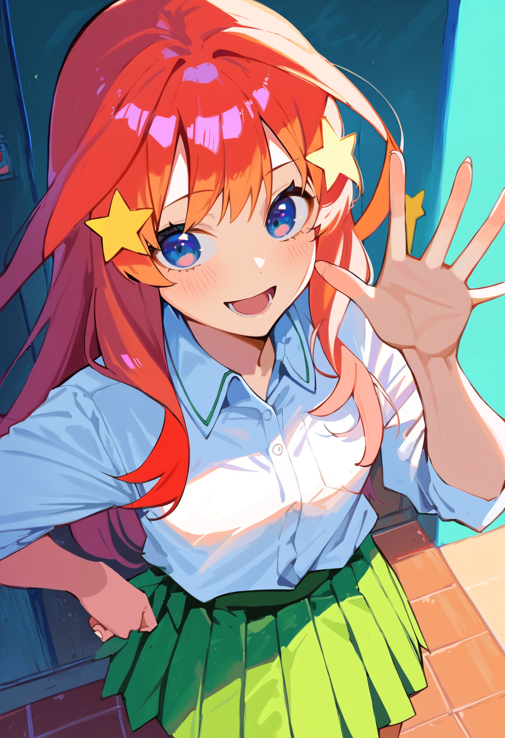 score_9, score_8_up, score_7_up, score_6_up, source anime,
ikustipnxl, nakano itsuki, 1girl, star hair ornament, blue eyes, waving, hand on own hip, detailed fingers, fingernails,
green pleated skirt, white shirt, collared shirt, indoors, smile, open mouth, from above,
masterpiece, best quality, very aesthetic, absurdres
<lora:quintessential_quintuplets:1>
